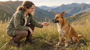Une femme récompense son chien adulte avec une friandise pendant une séance d’éducation positive en plein air près de Théus, dans une ambiance chaleureuse et naturelle.